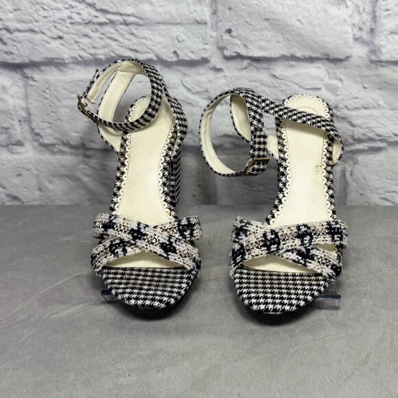 1901 Black & White Wool Houndstooth Ankle Strap Sandals - Picture 3 of 6